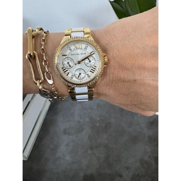 Michael Kors Women's Camille Gold-Tone Acrylic White Bracelet Watch MK5945 - Picture 13 of 15